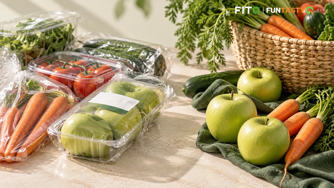 Apples, carrots, tomatoes and cucumbers in plastic packaging and a wicker basket