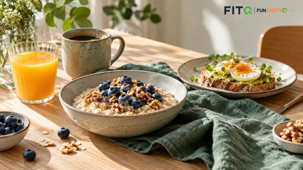 Breakfast on the table: oatmeal with blueberries and nuts, egg on avocado toast, coffee and orange juice